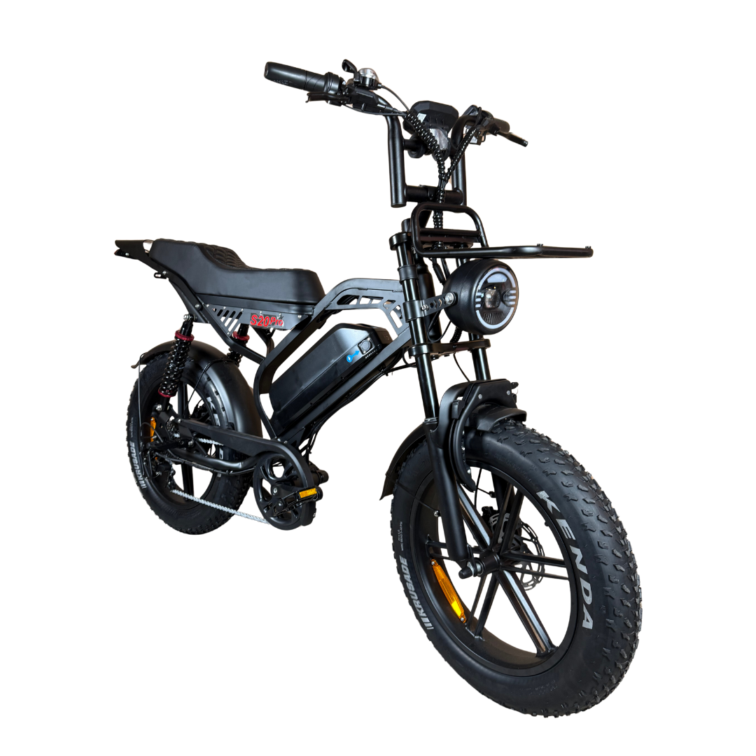 S20 PRO Fatbike Zwart 2025 + voorrekje + achterzitje + voetsteuntjes + telefoonhouder + ringslot + ART-2 kettingslot 🎁 (kopie)