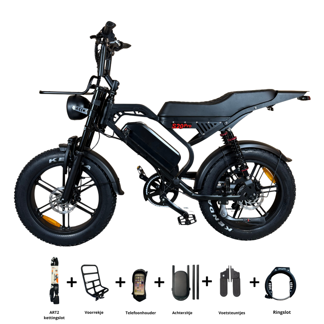 S20 PRO Fatbike Zwart 2025 + voorrekje + achterzitje + voetsteuntjes + telefoonhouder + ringslot + ART-2 kettingslot 🎁 (kopie)