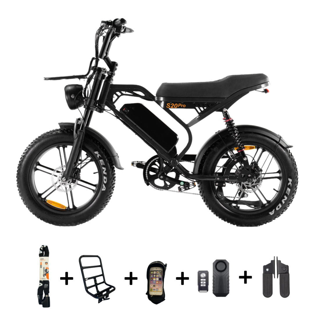 S20 PRO Fatbike Zwart 2025 + voorrekje + voetsteuntjes + alarm + telefoonhouder + ART-2 kettingslot 🎁
